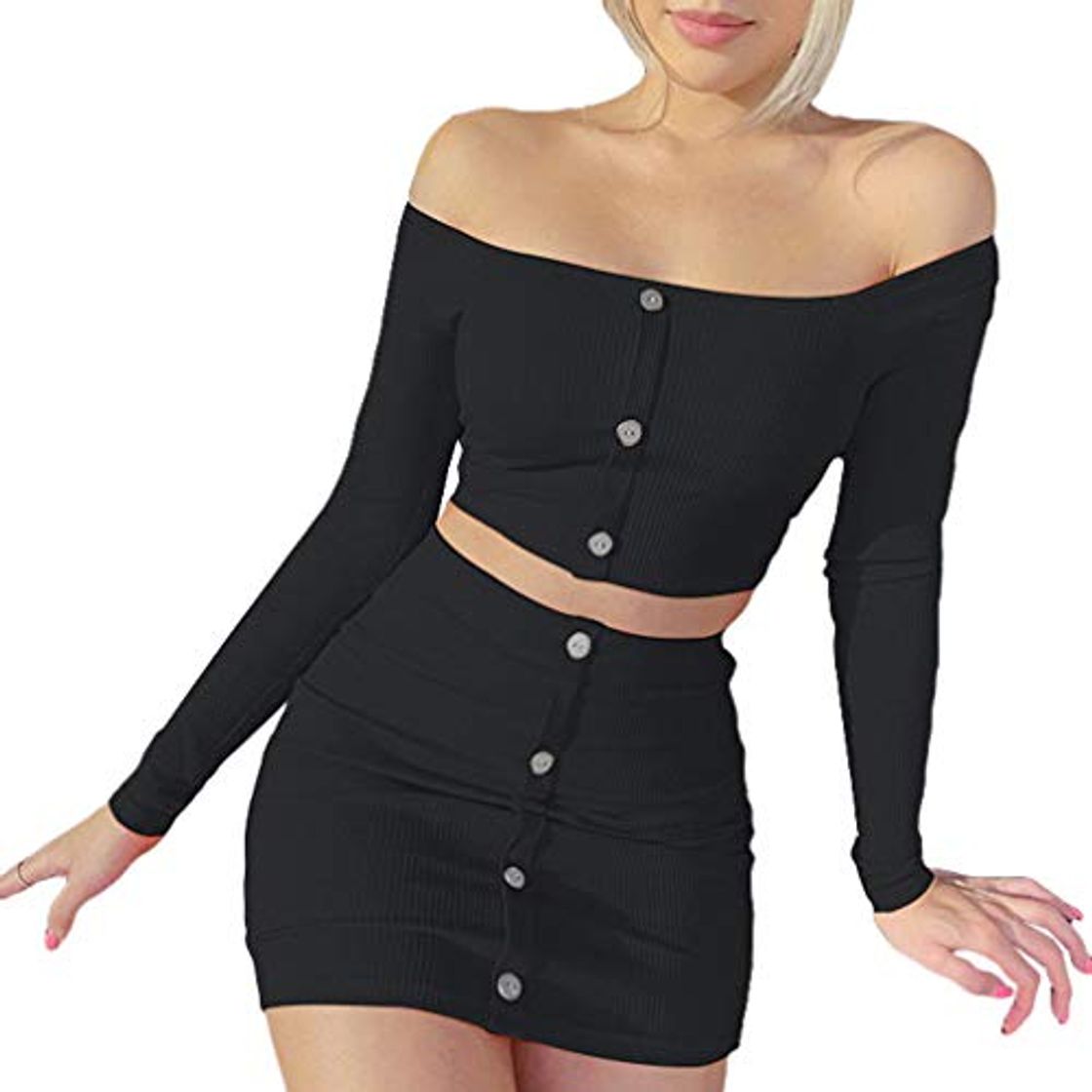 Product Yying Conjuntos Mujer Botones Crop Top Manga Larga Mini Falda Sexy Club