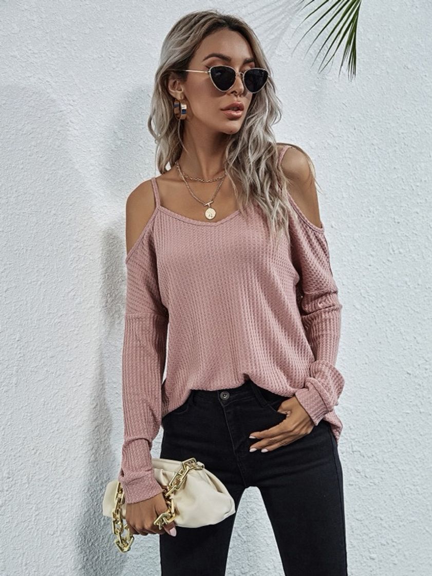 Fashion Cold Shoulder Waffle Knit Tee