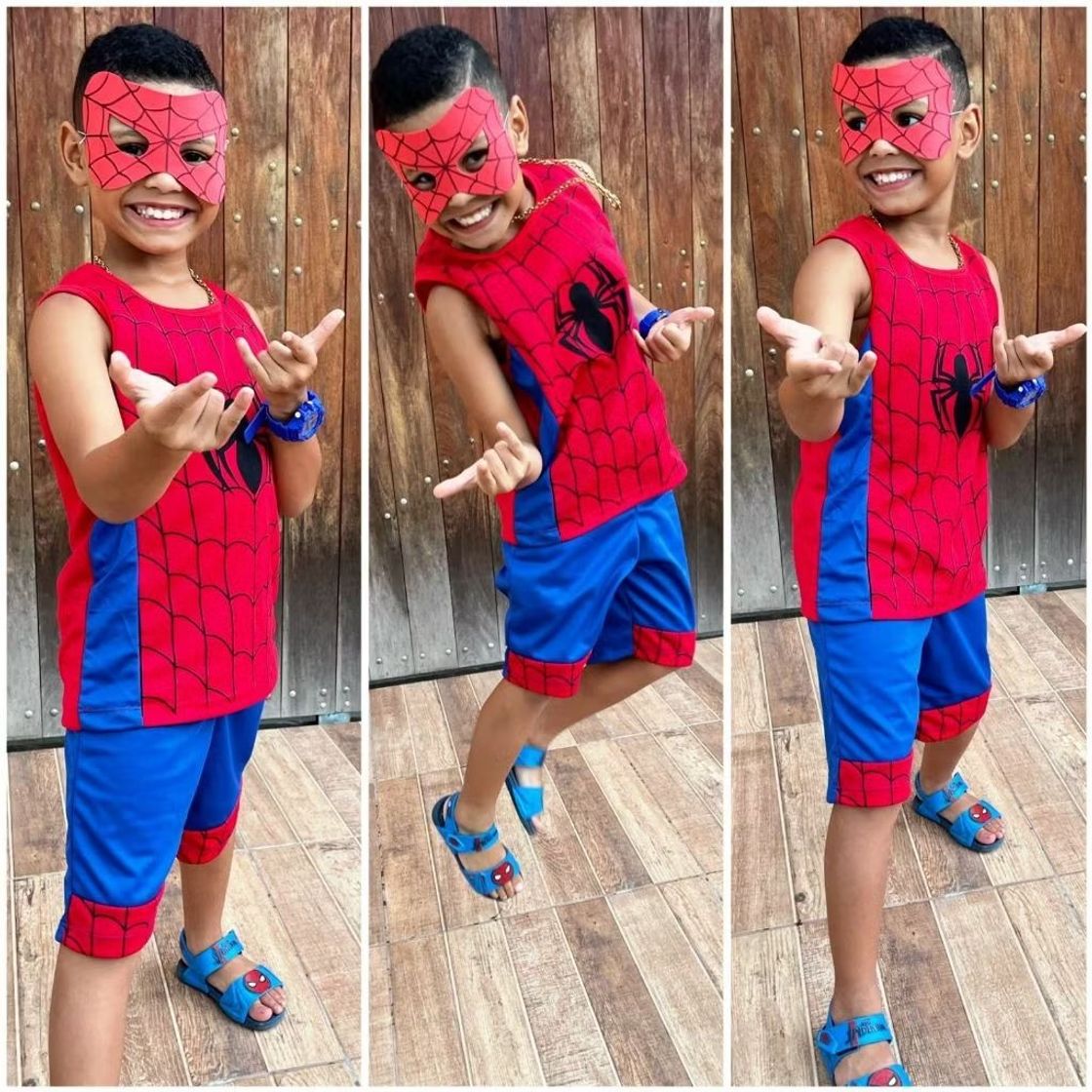 Kit Conjunto Infantil Homem Aranha/Spider  Man Camiseta + Bermuda + Mascara 