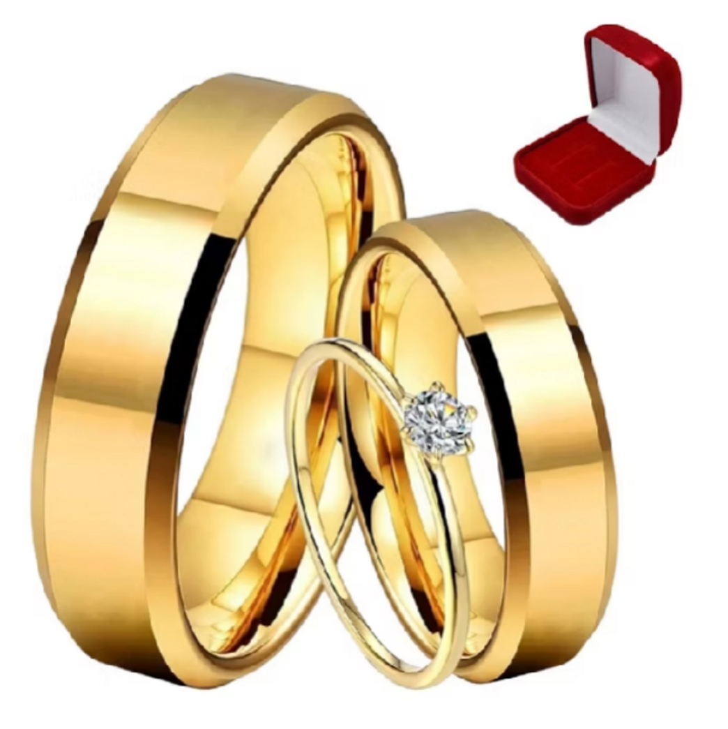 Par De Alianças De Casamento Grossa 6mm Noivado Casal Chanf Anel Dourado Banhada a Ouro 18K Original 