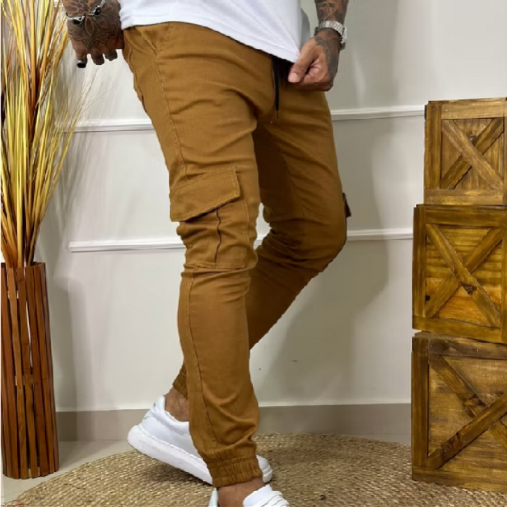 Calça Jogger Cargo Masculina Sarja Caramelo Tendência 2023 Premium Tradicional 