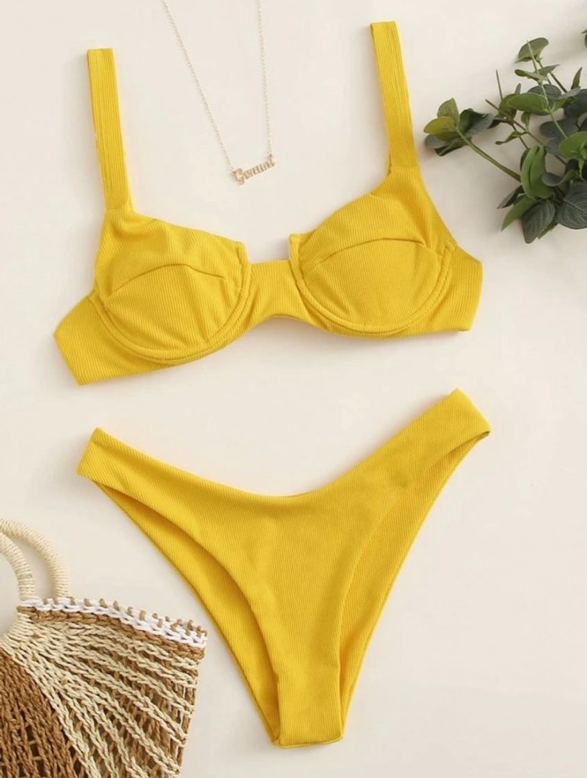 Moda Bañador bikini cortado alto con aro de canalé