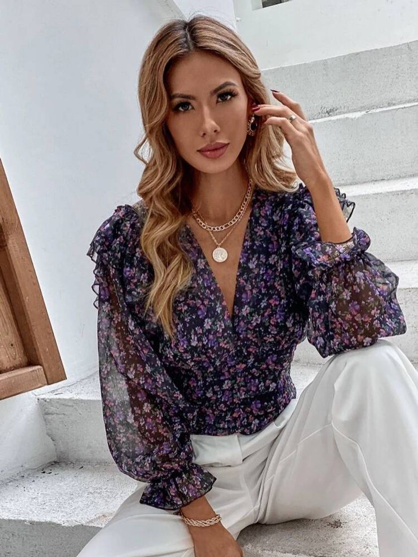 Fashion Plissado Floral Boho Blusa

