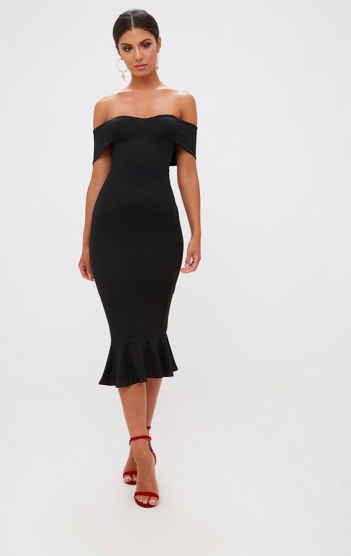 Fashion Black Bardot Frill Hem Midi Dress 