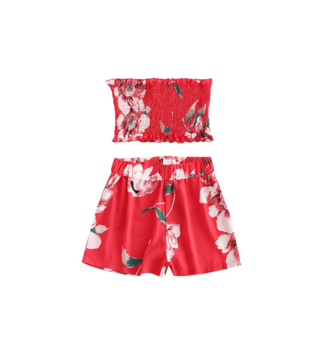 Fashion Smocked Floral Bandeau Top and Shorts Set 