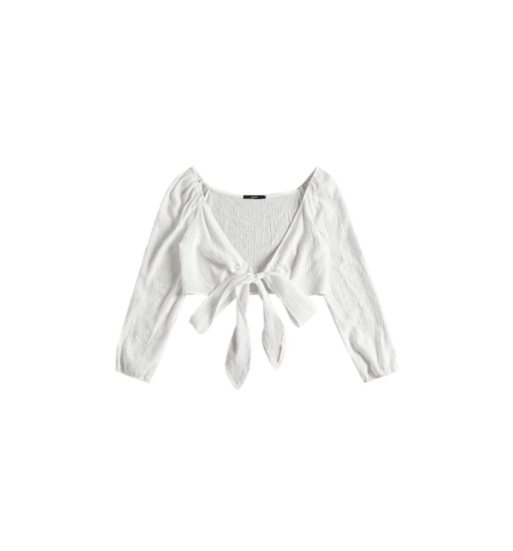 Fashion Plunging Neck Tied Bowknot Crop Blouse 