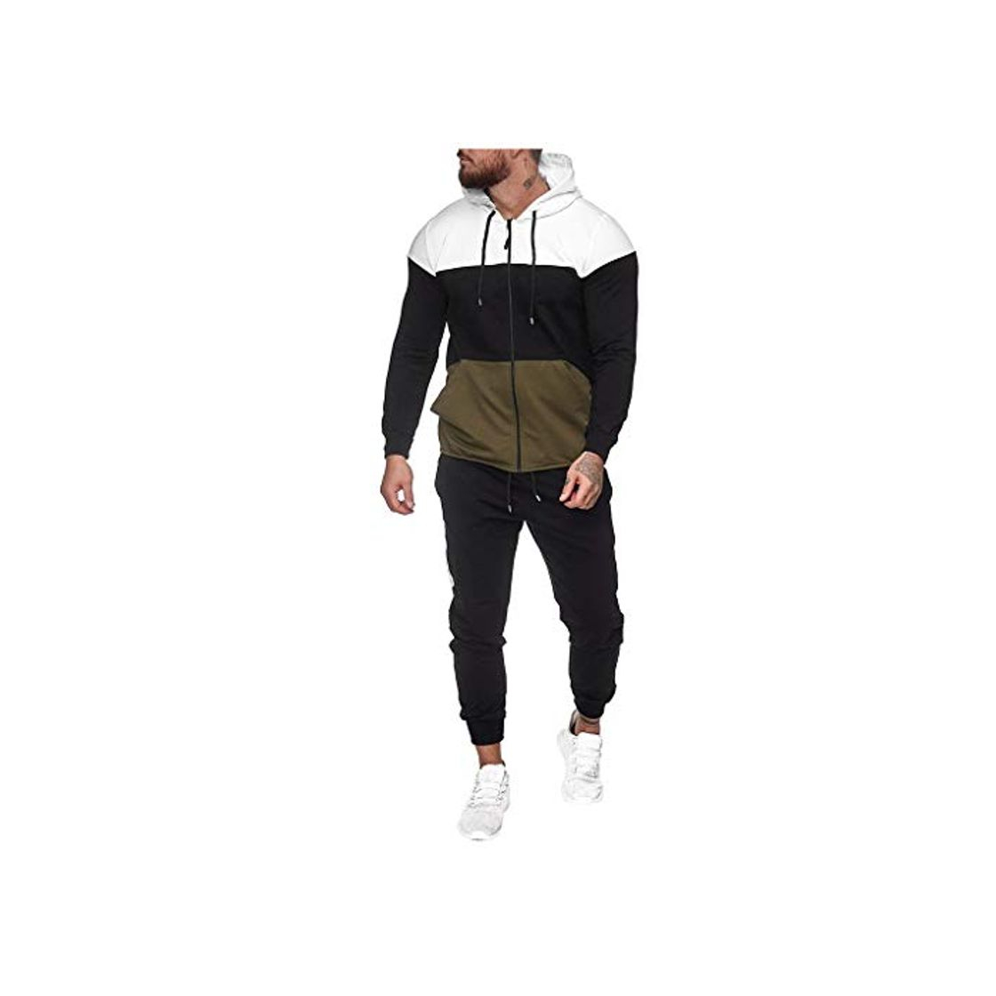 Fashion waotier Conjuntos Deportivos Hombres Sudaderas con Capucha Pantalones de chándal Cremallera Patchwork Estampado Sudadera Top Pantalones Conjuntos Traje Deportivo Chándal