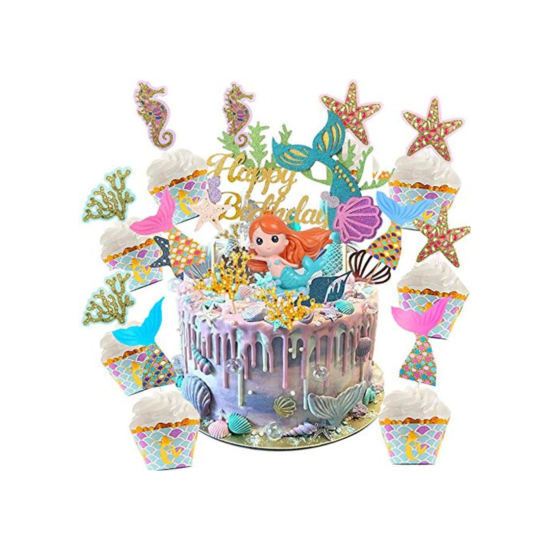 Social Sunshine smile Cake Topper de Sirena,Cupcake Topper Set,de Sirena Cupcakes decoración,Cupcake Toppers