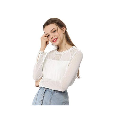 Allegra K Camisa De Gasa Top Panel Floral De Encaje Cuello Redondo Blusa Campesina Mangas Largas para Mujeres Blanco L