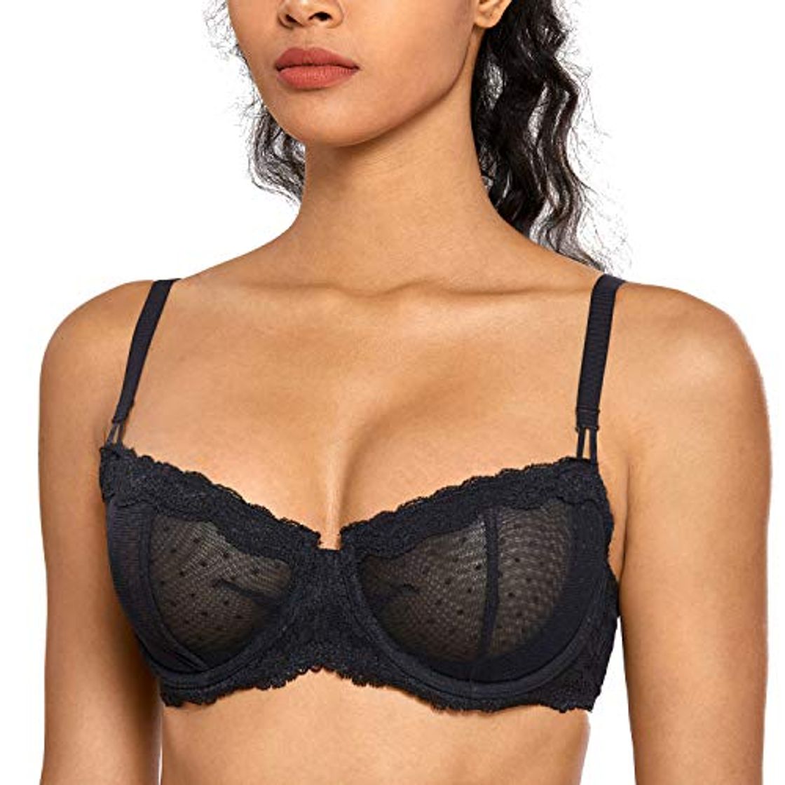 Moda DOBREVA Women's Sexy Lace Unlined Underwire Balconette See Through Sheer Bra Negro 95C