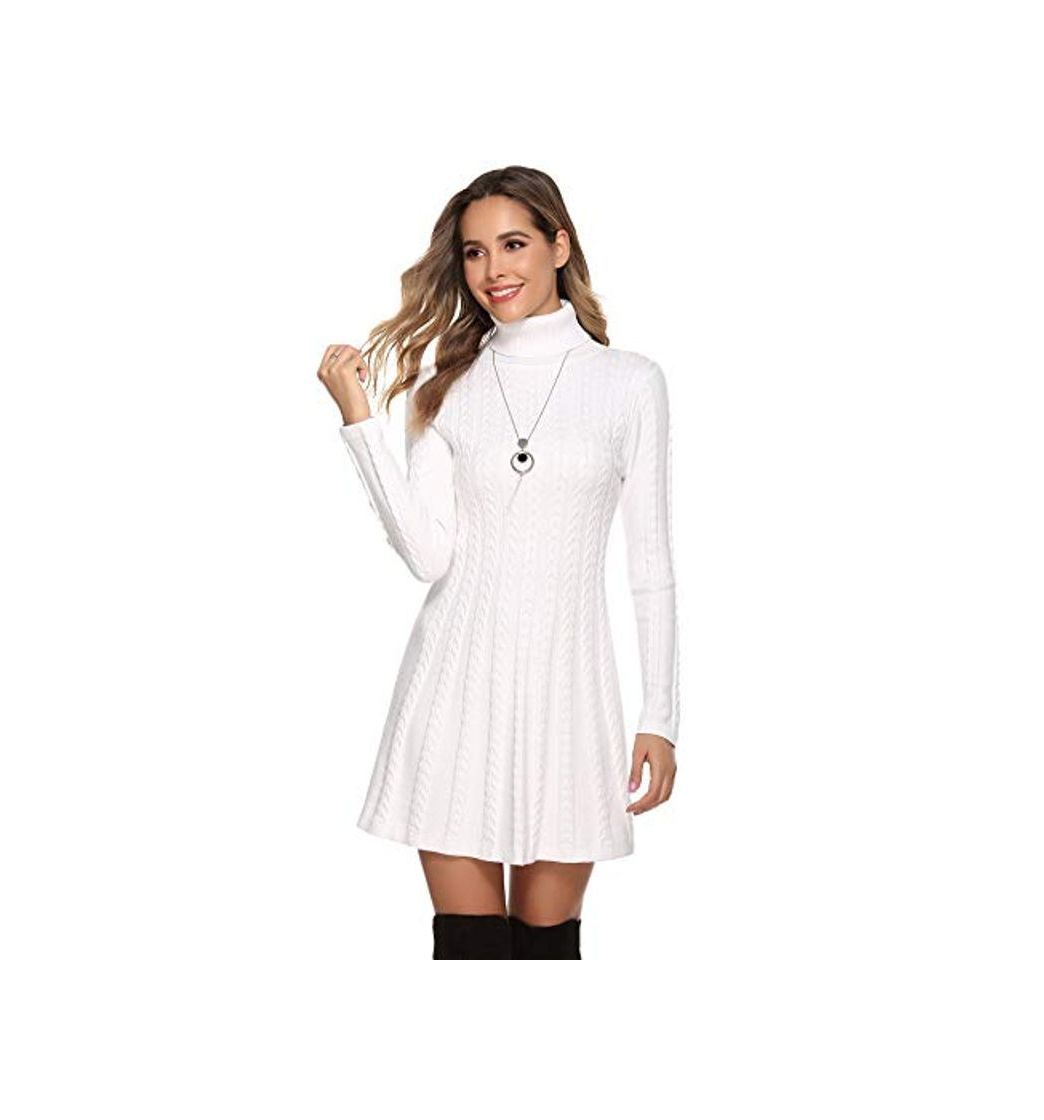 Social Hawiton Vestido de Punto para Mujer Elegante Vestido de Suéter de Cuello Alto Jersey de Manga Larga de Una Línea para Otoño Invierno