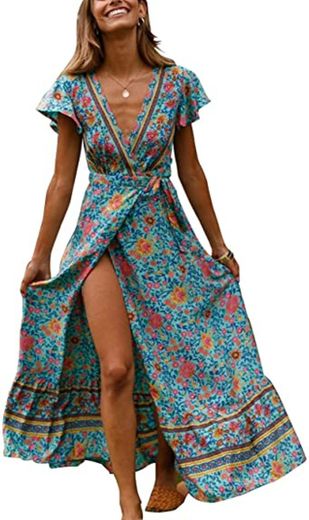 Vestido Mujer Bohemio Largo Verano Playa Fiesta Floral Manga Corta Cuello en