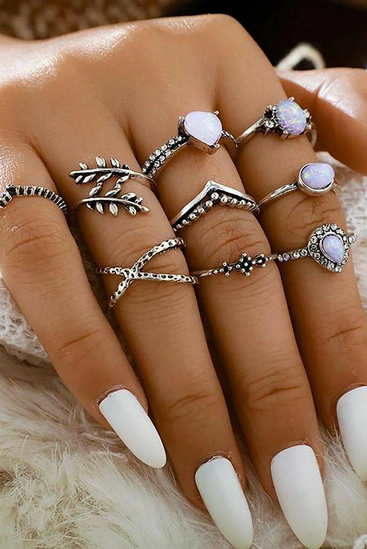 Moda Lea Cute Unique Stackable Opal Silver Statement 9 Piece Ring Set ...