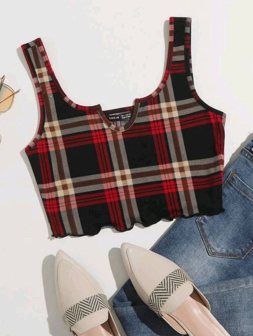 Moda Top Cropped xadrez poliéster