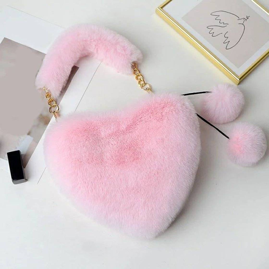 Moda Bolsa felpuda fofa coração Rosa pompom