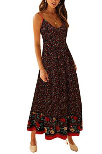 Vestido Maxi Floral para Mujer Vestidos De Playa Bohemios con Tirantes Finos De Verano Negro XL