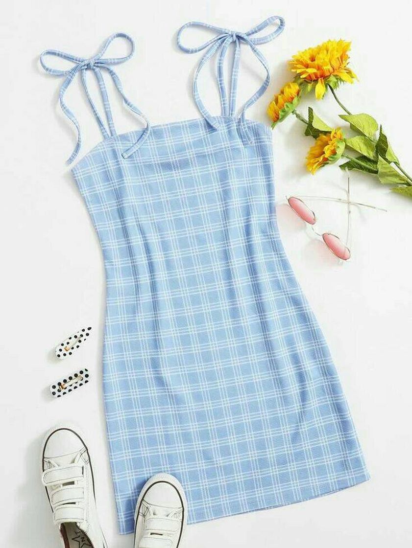 Moda Vestido azul pastel xadrez 👗