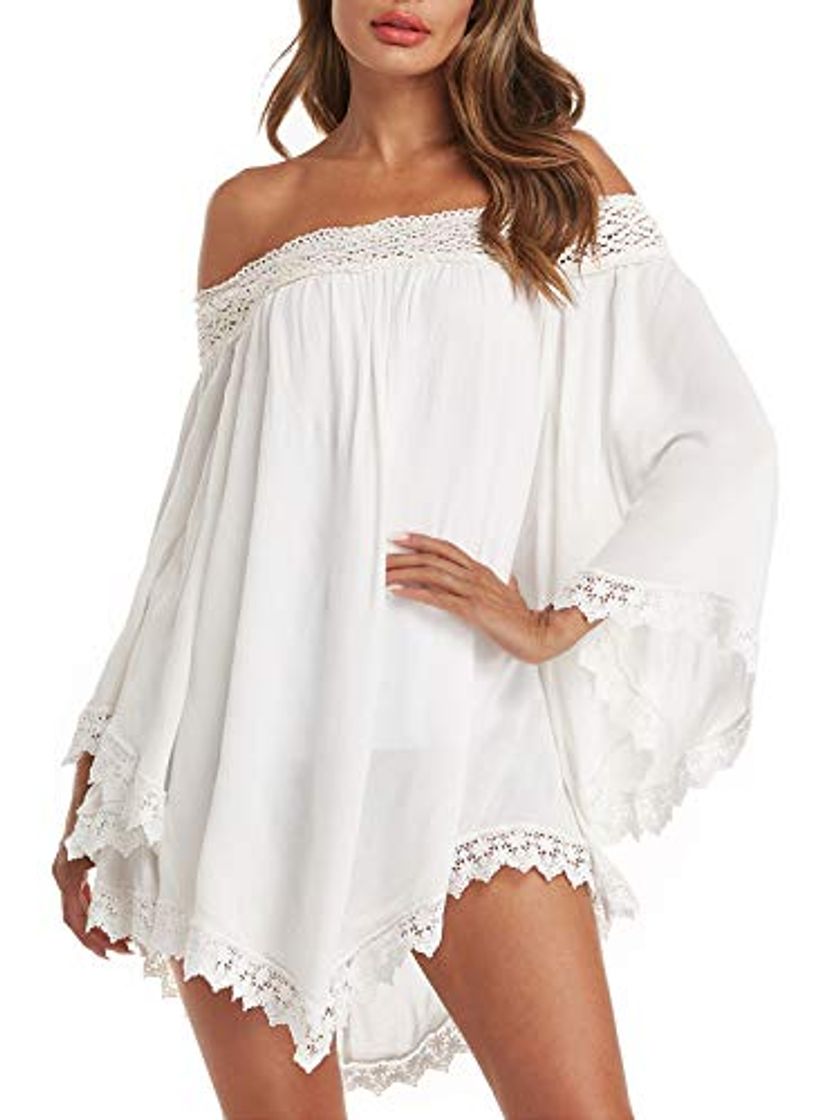 Social ZANZEA Vestidos Mujer Verano Corto Sexy Sin Hombros Vestido Playa Vintage Mangas Largas Encaje Irregular Elegante Casual Blanco M