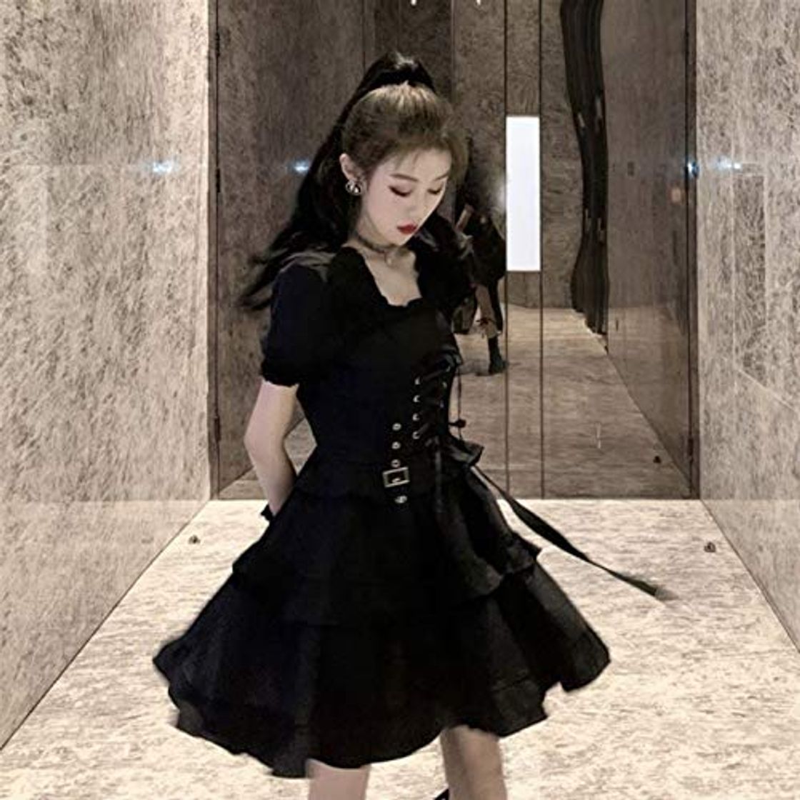 Moda Yunbai Vestidos de Lolita Vestido de Lolita gótico Vestido Encantador Collar Cuadrado Estilo japonés loli Ropa Disfraces de Halloween para Mujeres Vestido Negro Delgado