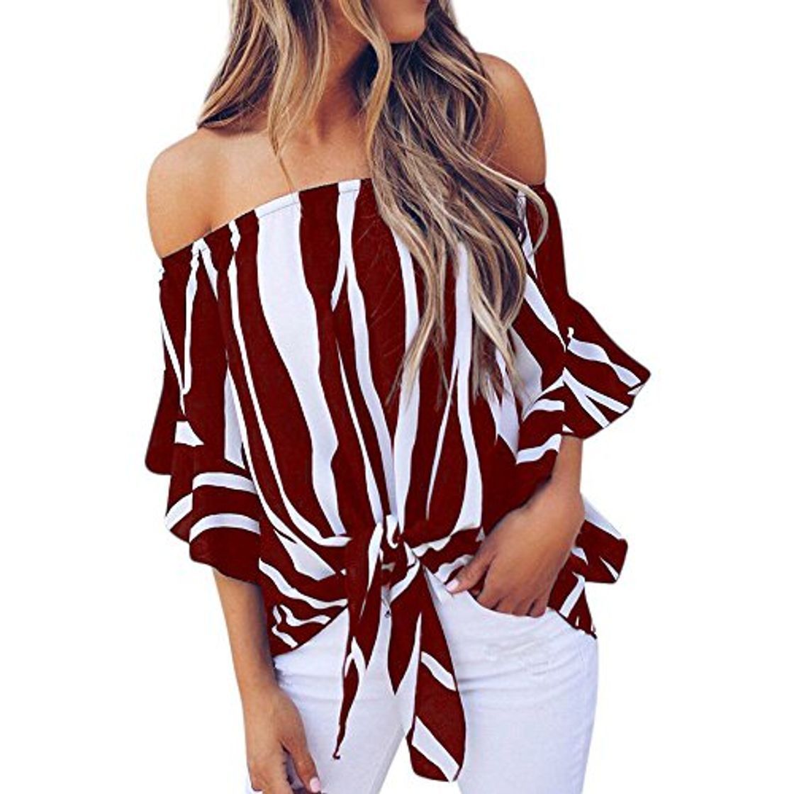 Social TUDUZ Blusas Mujer Manga Corta Verano Camisas Rayas Fuera del Hombro Camisetas