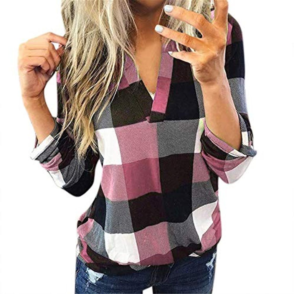 Moda Amaeen for Blusa Mujer Casual Algodón Manga Larga Cuello en V Camisa