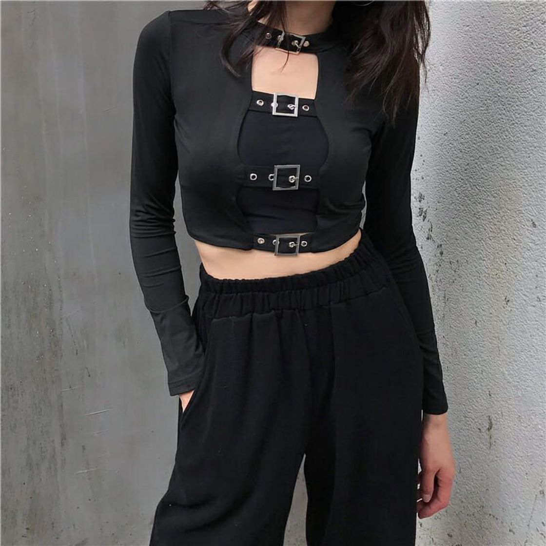 Fashion Black Crop Top with Belts Buckles