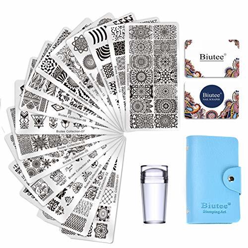 Beauty Biutee Nail Art Stamping 15pcs Placas Estampacion Uñas para Manicura +1pcs Sello de Silicona