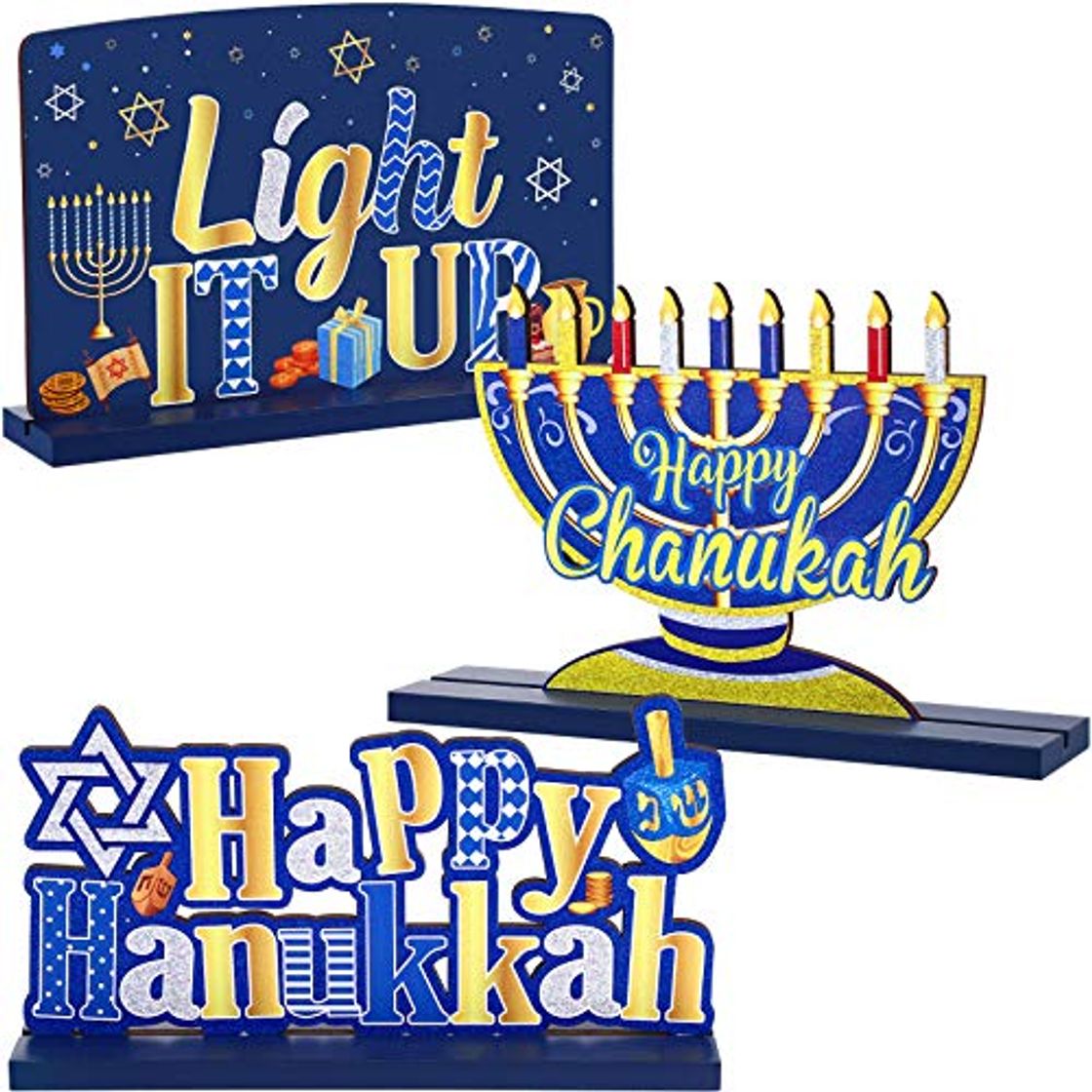 Product 3 Decoraciones de Mesa de Hanukkah Centro de Mesa de Madera Signo de Menorá Dreidel para Día de Nieve Navidad de Invierno para Bandeja de Café Cena Fiesta Janucá