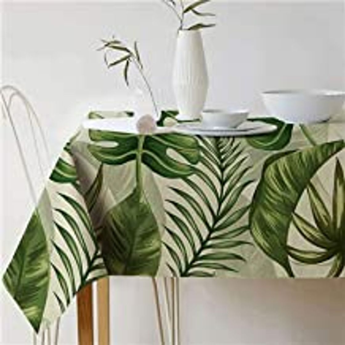 Social Mantel de vinilo con hojas de palmeras verdes, adecuado para hasta ocho