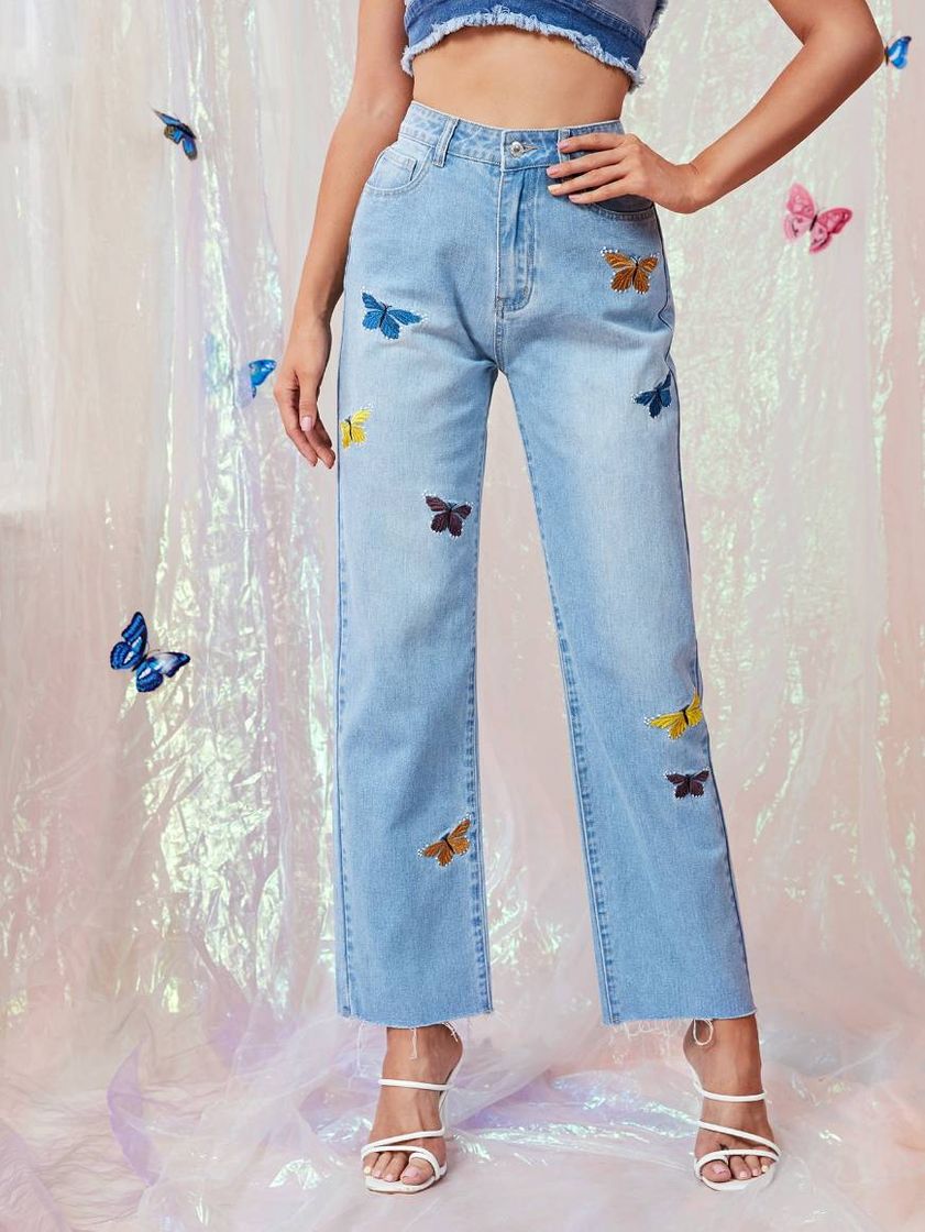 Fashion 🛍 Calça jeans reta borboletas