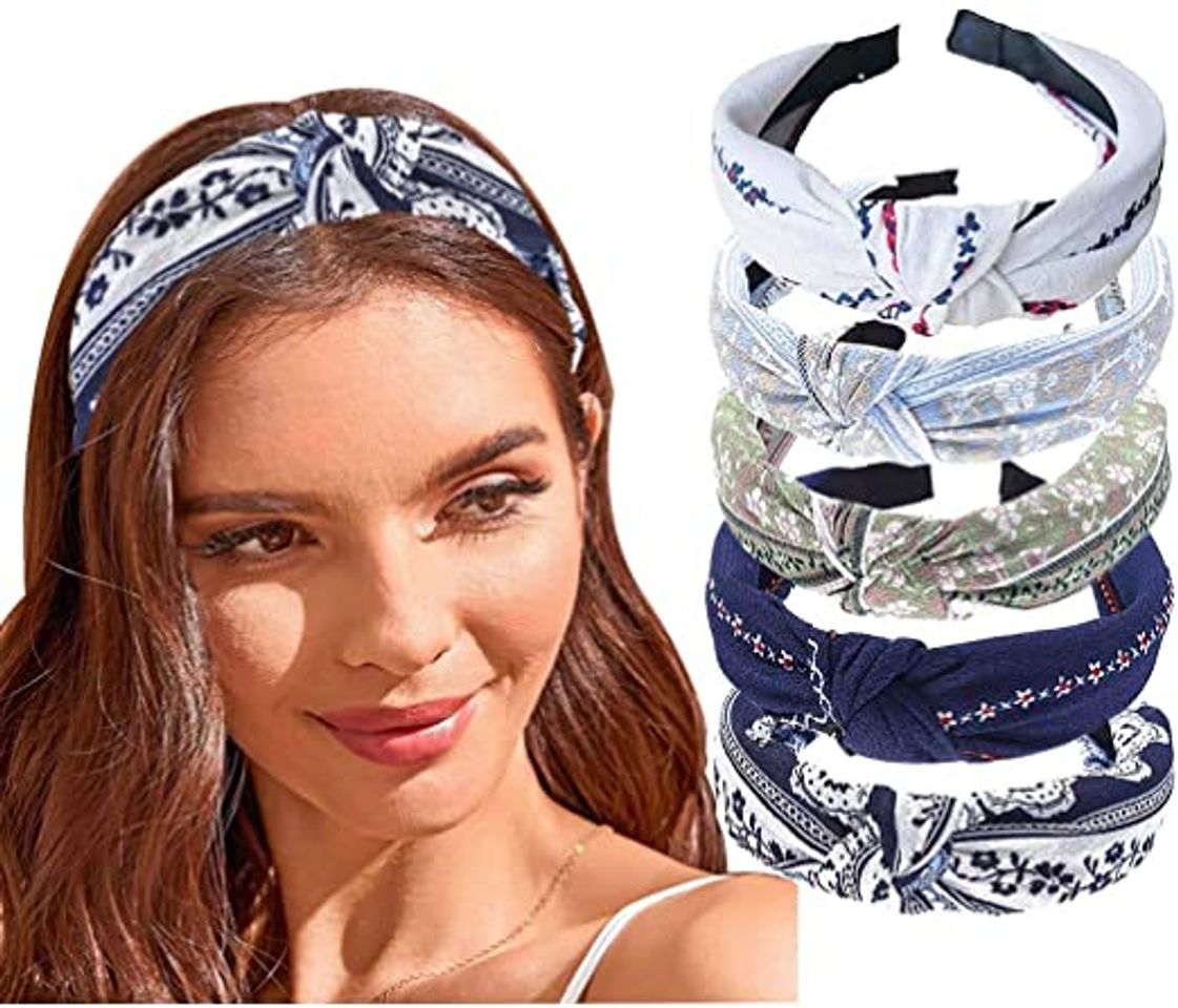 Moda Bohend Moda Mujeres Diadema extenso Flor Anudado Aro de pelo Sólido Turbante Uso diario Paquete de 5 Acessories capilares Para Mujeres Y Grils