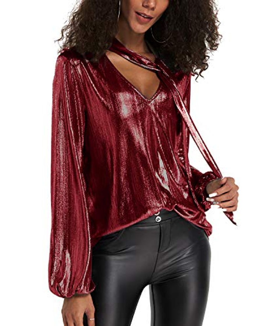 Product YOINS Camiseta Manga Larga Mujer Camisa Cuello V Blusa Brillante Metálico Sexy Tops Mangas Acampanadas Vino Tinto EU46