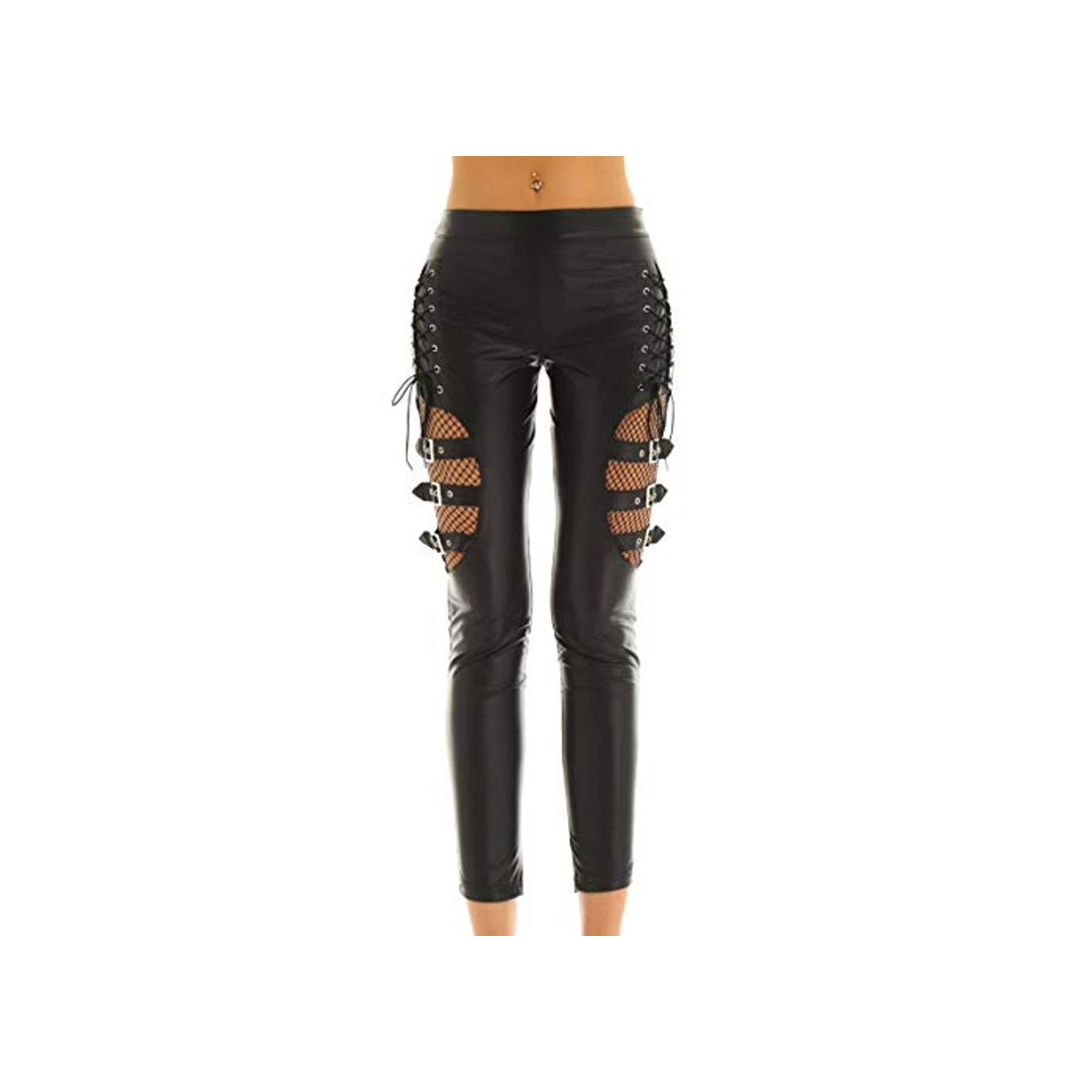 Fashion Freebily Mujeres Pantalones de Cuero PU Imitación Sexi Pantalones Lápiz con Red Cordones de Muslos Laterales Empalme con Hebillas Leggins Elástico Cintura Alta Skinny Negro Medium