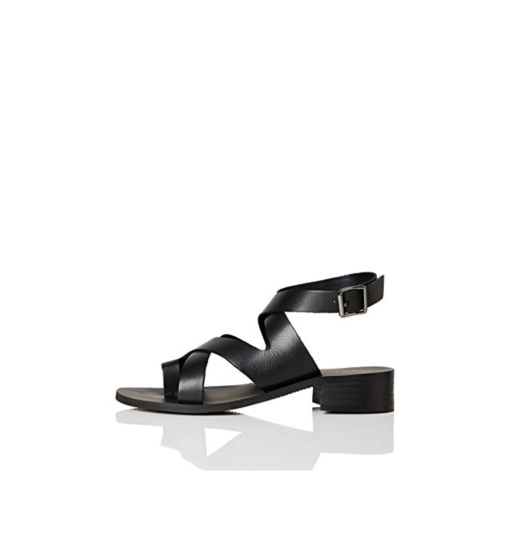 Fashion FIND Crossover Block Heel Leather Sandalias de Punta Descubierta, Negro