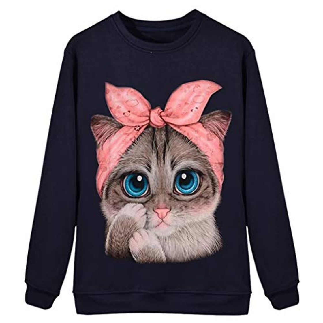 Fashion TUDUZ Sudadera Mujer Manga Larga Camisa Impresión del Gato Top Blusa Otoño