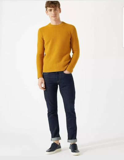 Jigsaw Wool Cashmere Waffle Crew Neck Mens New Orange Amber