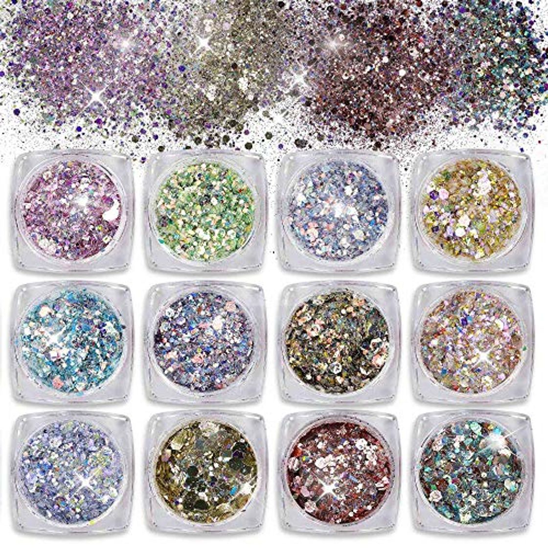 Social Purpurinas Polvo 12 Colores Chunky Glitter Paillette Brillante Decoración para Cara Maquillaje