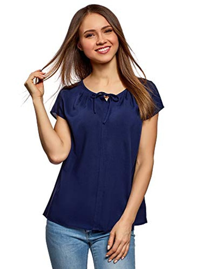 Social oodji Ultra Mujer Blusa Ancha con Lazo, Azul, ES 38