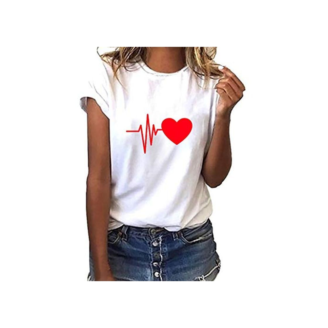 Social Camiseta de Mujer Manga Corta Corazón Impresión Blusa Camisa Cuello Redondo Basica