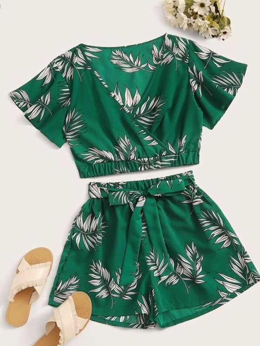 Fashion Verde Com Cinto Tropical Boho Roupas De 2pçs