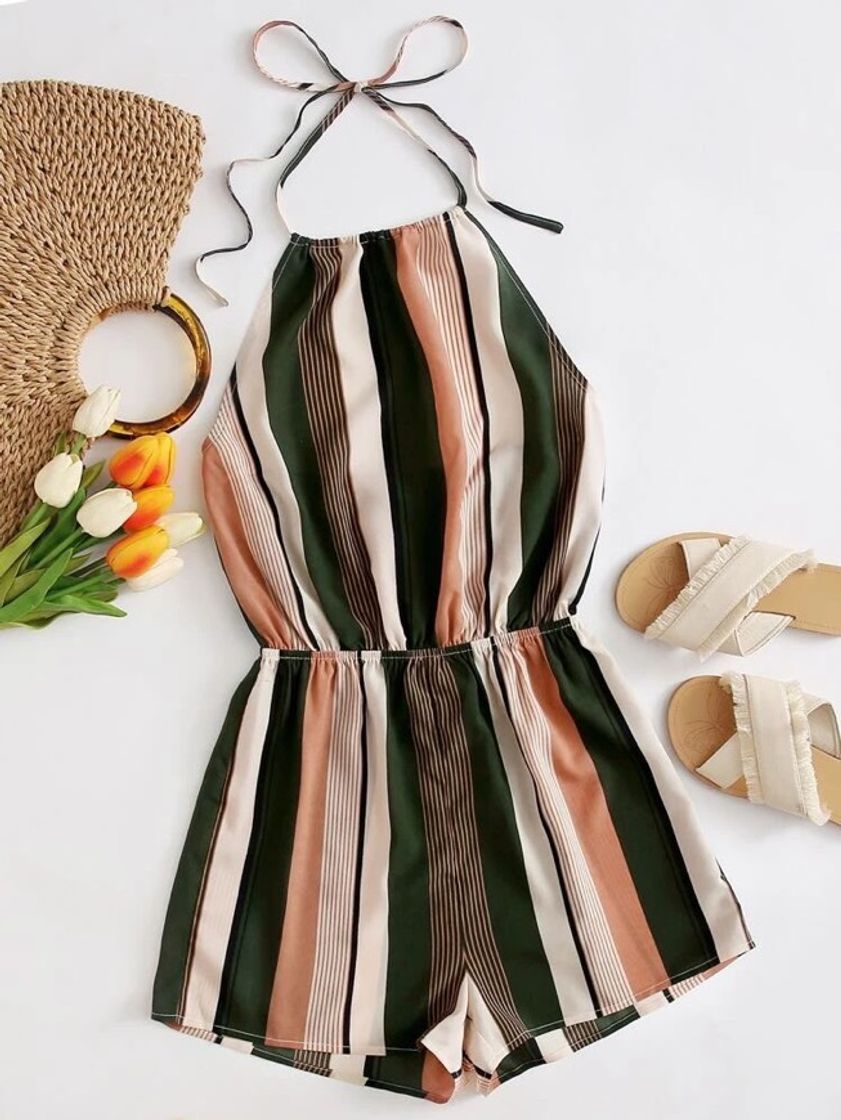 Fashion Tie Back Striped Halter Romper | SHEIN USA