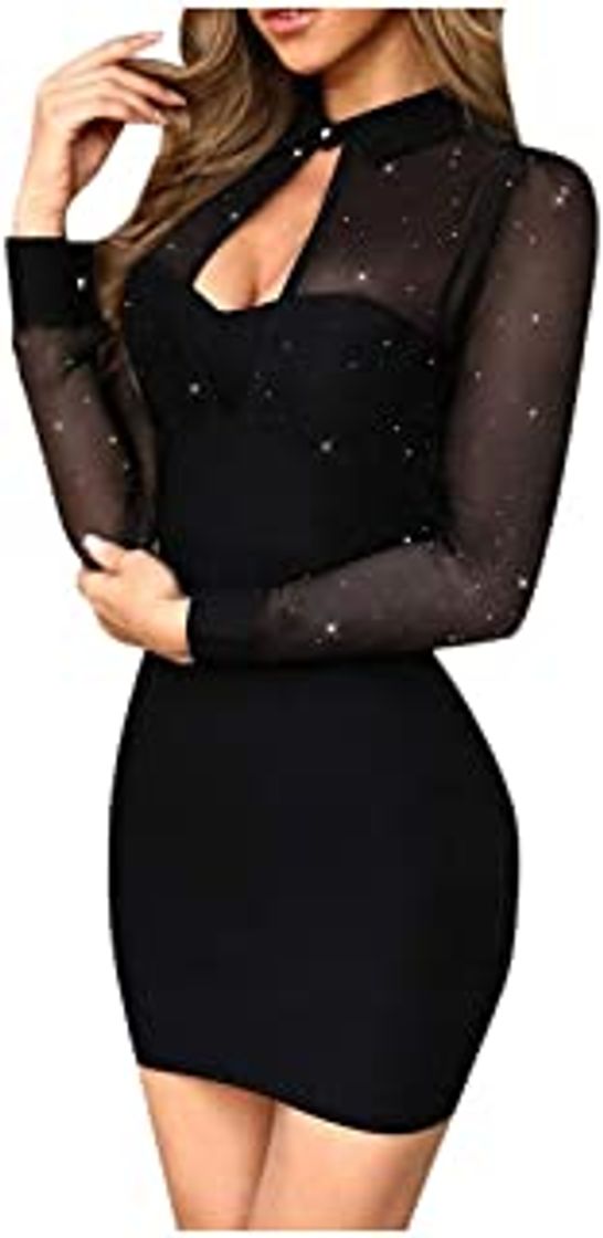 Fashion riou Mujer Vestido Cuello Redondo Manga Larga Vestido de Trabajo Informal Ajustado con Rayas Transparentes de Malla Bodycon Sexy Mini Vestido para Fiesta