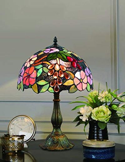 12 Pulgadas Vintage Pastoral Flores Hermosas Vidrieras de Colores Estilo Lámpara de Mesa Lámpara de Dormitorio Lámpara de Noche