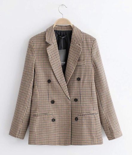 Plaid Lapel Collar Double Breasted Blazer for Sale New Zealand