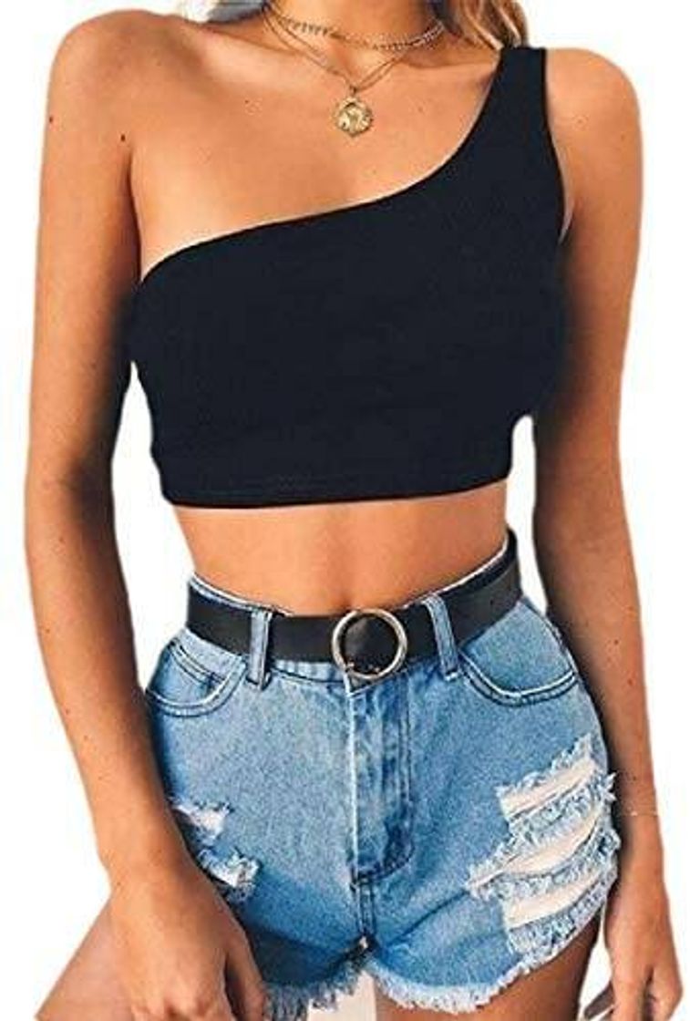 Moda Cropped preto de um ombro só sem mangas 