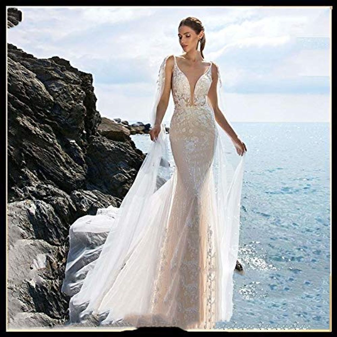 Producto Vestido de novia Sirena de la boda de la vendimia vestido de escote en V pronunciado los tirantes de espagueti elegante vestido de novia Abiye Vestido de Noiva personalizada vestidos novia