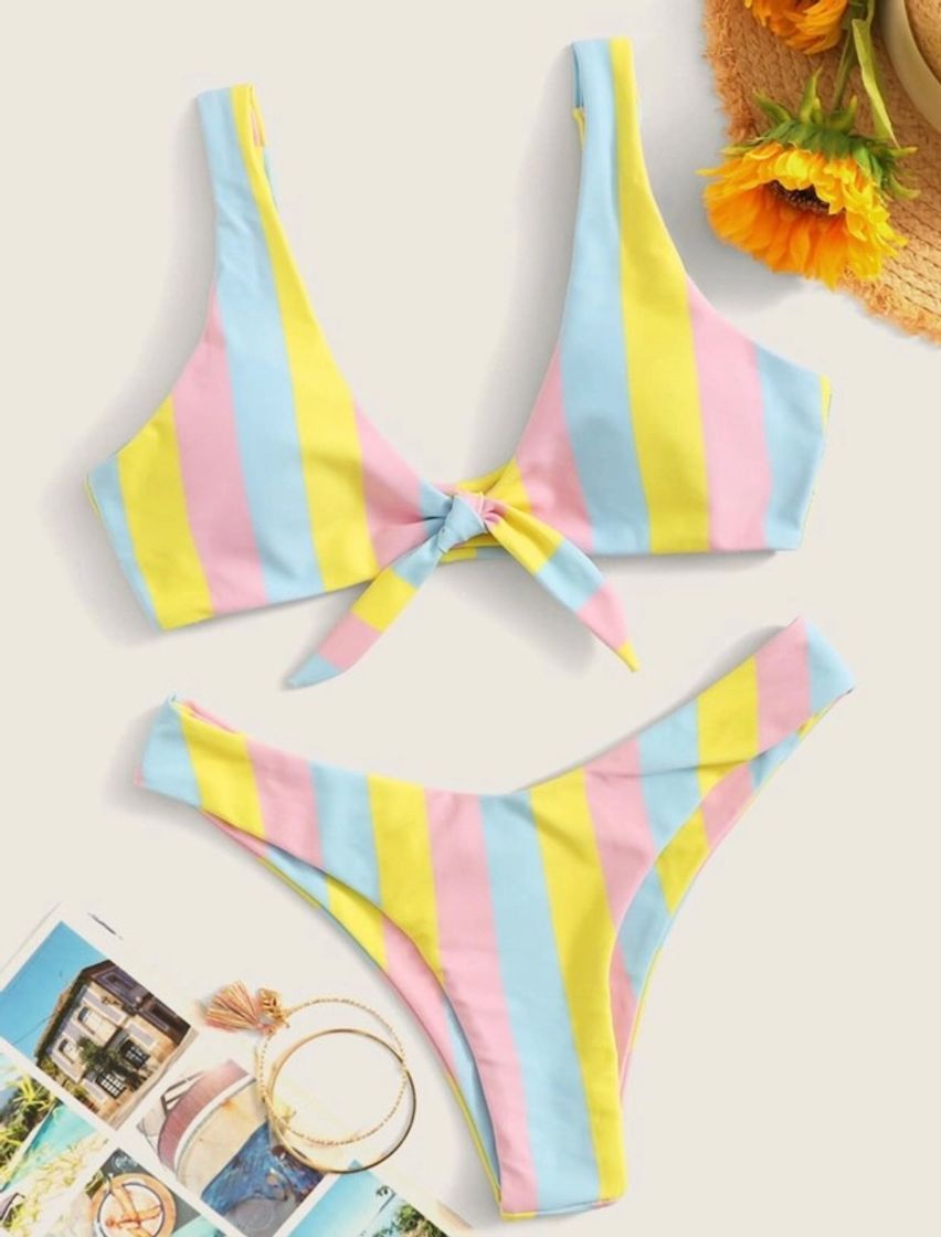 Social Bikini de rayas con nudo SHEIN 