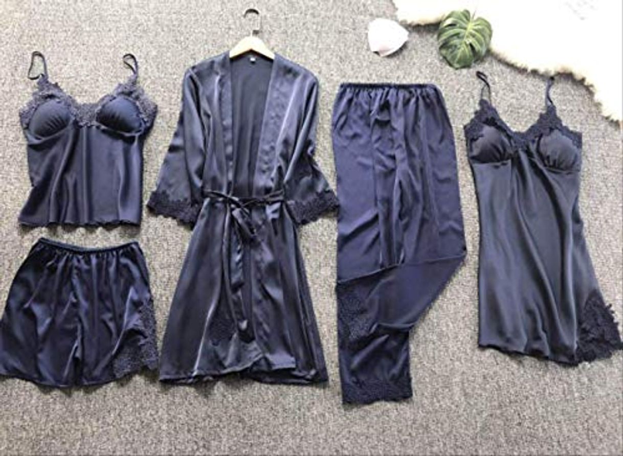 Moda MDHDSY Pijama Mujer Five Piece Set Roupa De Dormir Feminina Elegant and Comfortable Home Service M 1216 Dark Blue