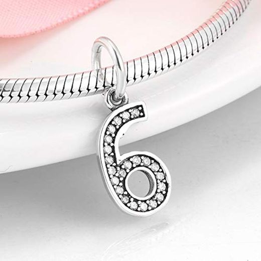 DFGSDFB 925 Sterling Silver Number 6 Zircon Charms Beads Fit Original Charm Bracelets Silver Jewelry DIY Berloque