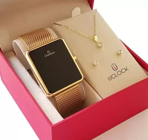 Relogio Digital Feminino Champion Dourado Quadrado + Kit 🔰